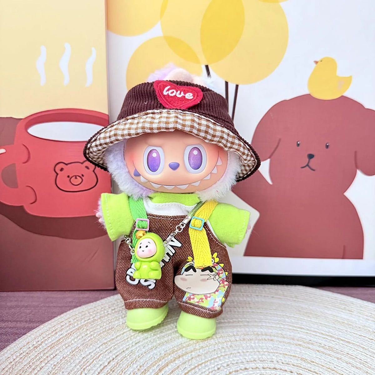 Anxious T + Little Brown Overalls + Brown Heart Hat + Green Rain Boots + Green Plush Backpack
