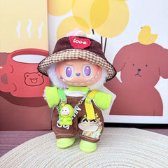 Anxious T + Little Brown Overalls + Brown Heart Hat + Green Rain Boots + Green Plush Backpack