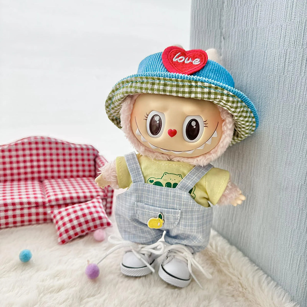 Au Yellow Suspenders Jumpsuit Two-Piece Set + Blue Heart Hat + White Canvas Shoes