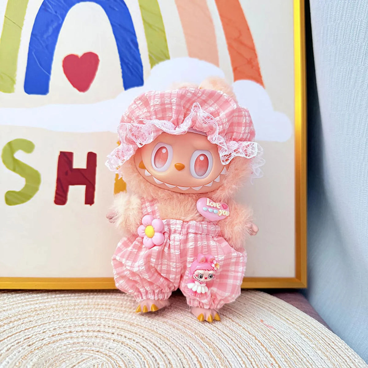Baby Hat & Plaid Overalls Set In Pink