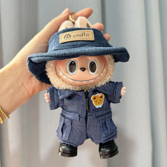 Bear Denim Overalls + Blue Smile Hat + Black Square-Toe Shoes