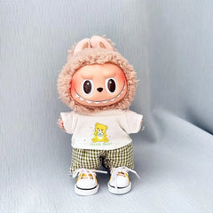 Bear White Tee + Green Checkered Pants + Yellow Canvas Shoes