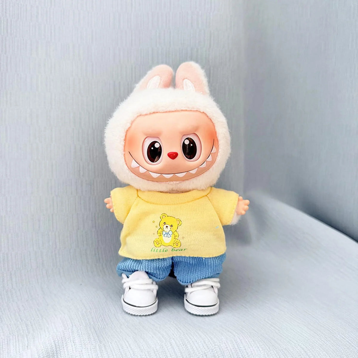 Bear Yellow Tee + Blue Corduroy Pants + White Canvas Shoes