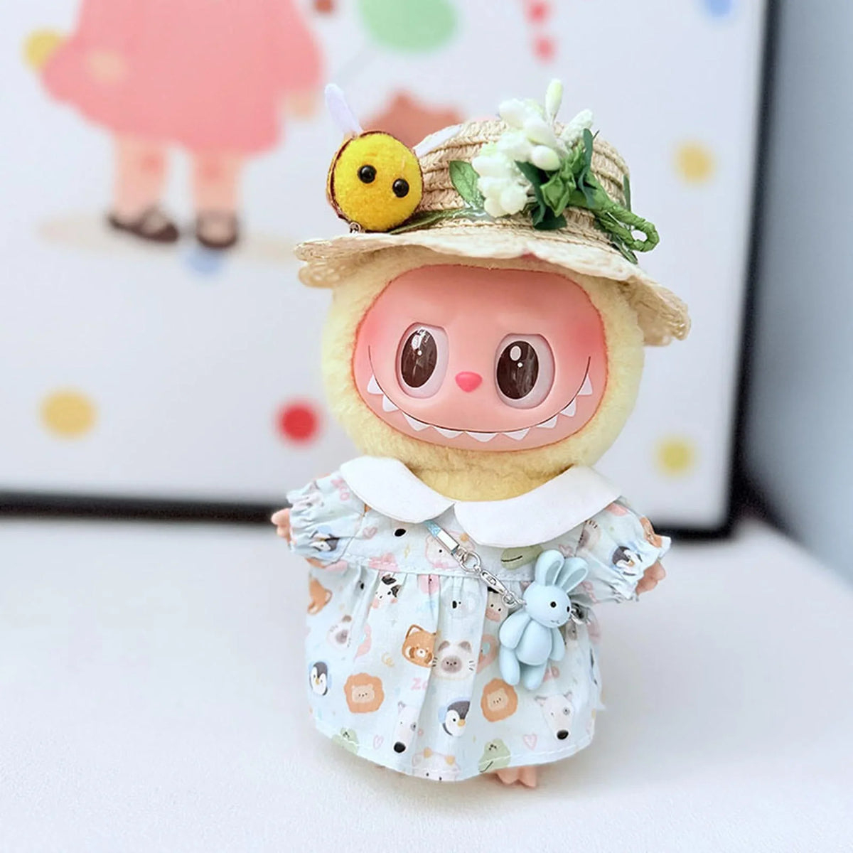 Bee Straw Hat + Little Animal Blue Bow Dress Set