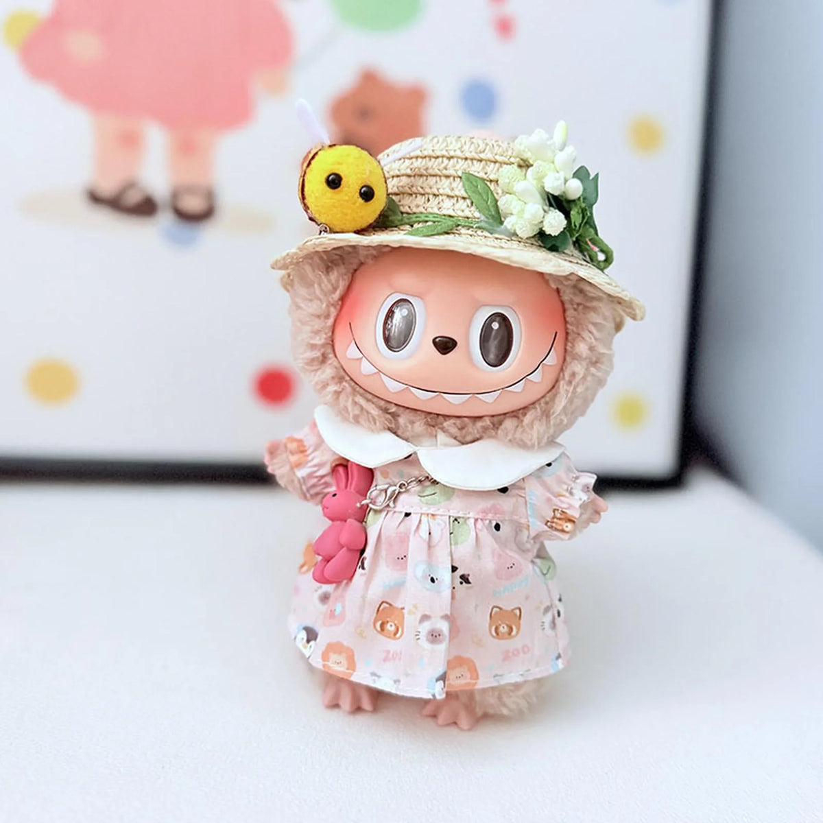 Bee Straw Hat + Little Animal Pink Bow Dress Set