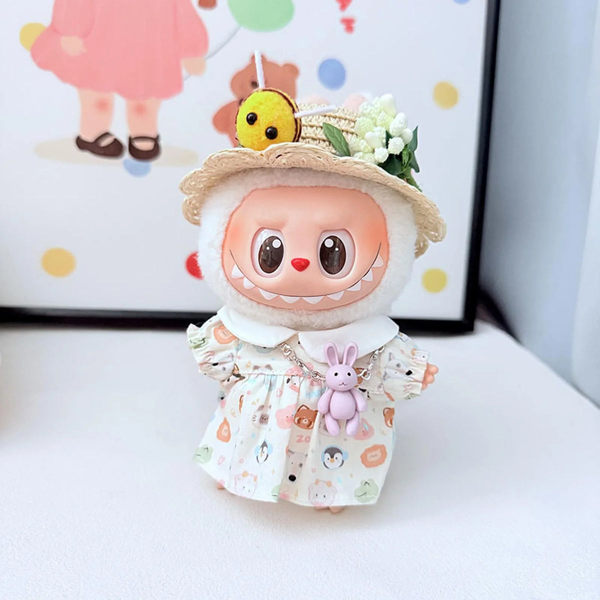 Bee Straw Hat + Little Animal Purple Bow Dress Set