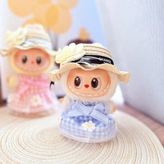 Black-Brimmed White Straw Hat + Daisy Blue Checkered Skirt