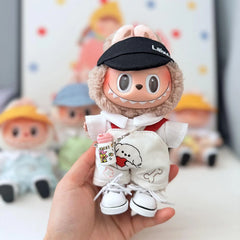 Black Bubu Baseball Cap + Heart-Print Dog Overalls + White Canvas Shoes + White Water Bottle