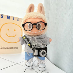 Black Camera + Black Frame Glasses + White Canvas Shoes + Gray Hoodie Two-Piece Set
