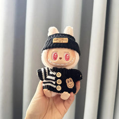 Black Flipped-Brim Bear Hat + Striped Button Black Sweater