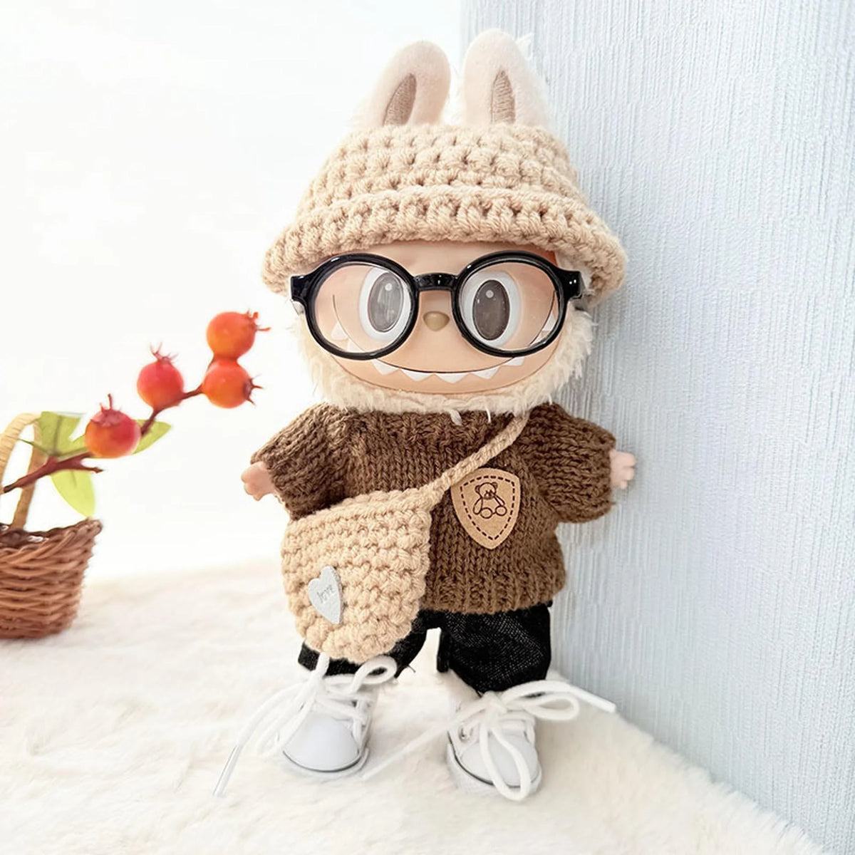 Black-Framed Glasses + White Canvas Shoes + Black Jeans + Japanese Handmade Brown-Gray Three-Piece Set