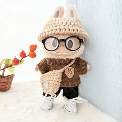 Black-Framed Glasses + White Canvas Shoes + Black Jeans + Japanese Handmade Brown-Gray Three-Piece Set
