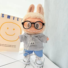 Black-Framed Glasses + White Canvas Shoes + Gray Hoodie Two-Piece Set