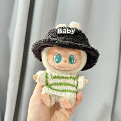 Black Fuzzy Hat + White And Green Striped Sweater