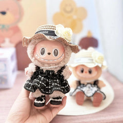 Black Little Princess Shoes + Brown Camellia Straw Hat + Pearl Necklace + Black Plaid Chic Pinafore Dress