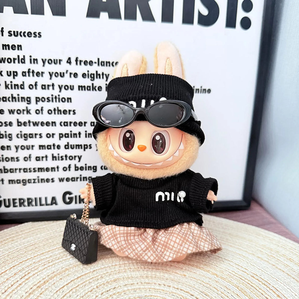 Black Pearl Miu Set + Light Brown Plaid Skirt + Black C Bag + Black Sunglasses