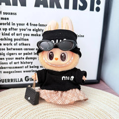 Black Pearl Miu Set + Light Brown Plaid Skirt + Black C Bag + Black Sunglasses