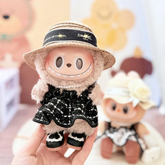 Black Princess Shoes + C Brand Dark Brown Hat + Pearl Necklace + Black Checkered Chanel-Style Pinafore Dress