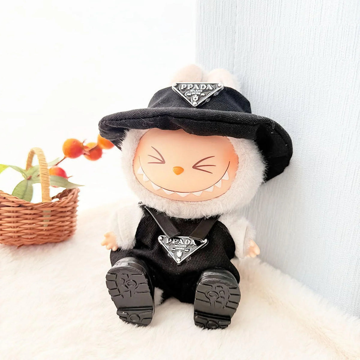 Black Square-Toe Shoes + White Tee + Triangle Logo Overalls + Ppd Cap