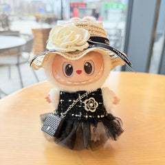 Black-Trimmed White Straw Hat + Black Chiffon Skirt With Elegant Charm