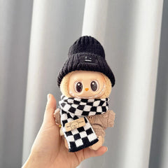 Black & White Check Scarf + Black Emoji Hat + Brown Smiley Pin Sweater