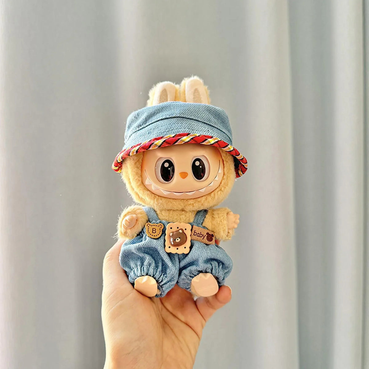 Blue And Red Trim Denim Hat With Denim Cookie Bear Charm