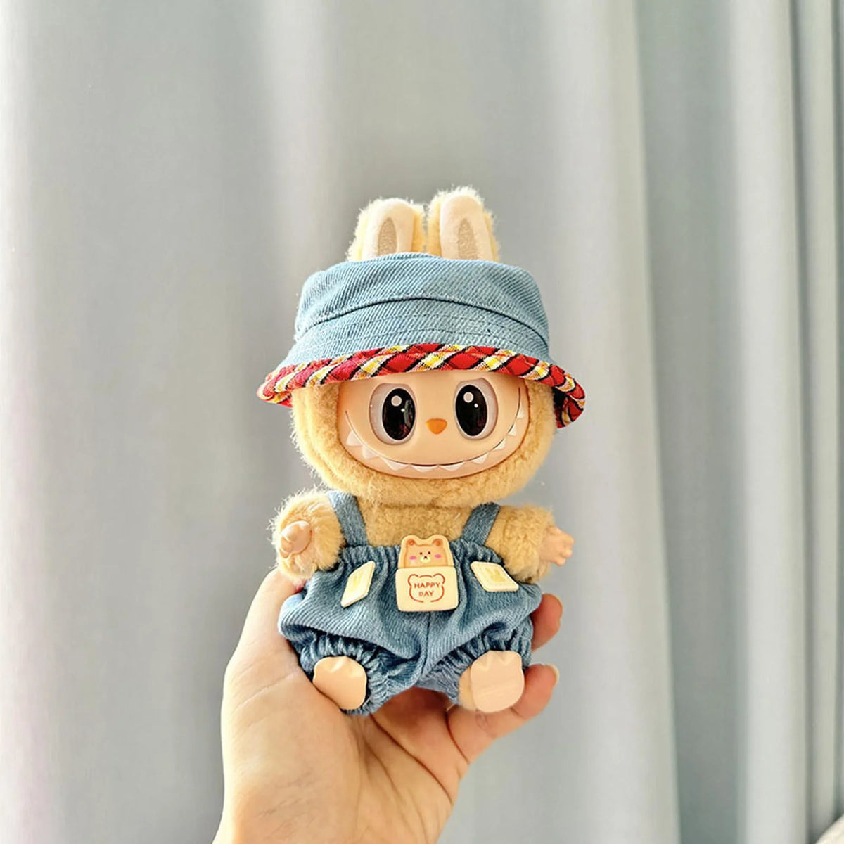 Blue And Red Trim Denim Hat With Denim Happy Bear Charm