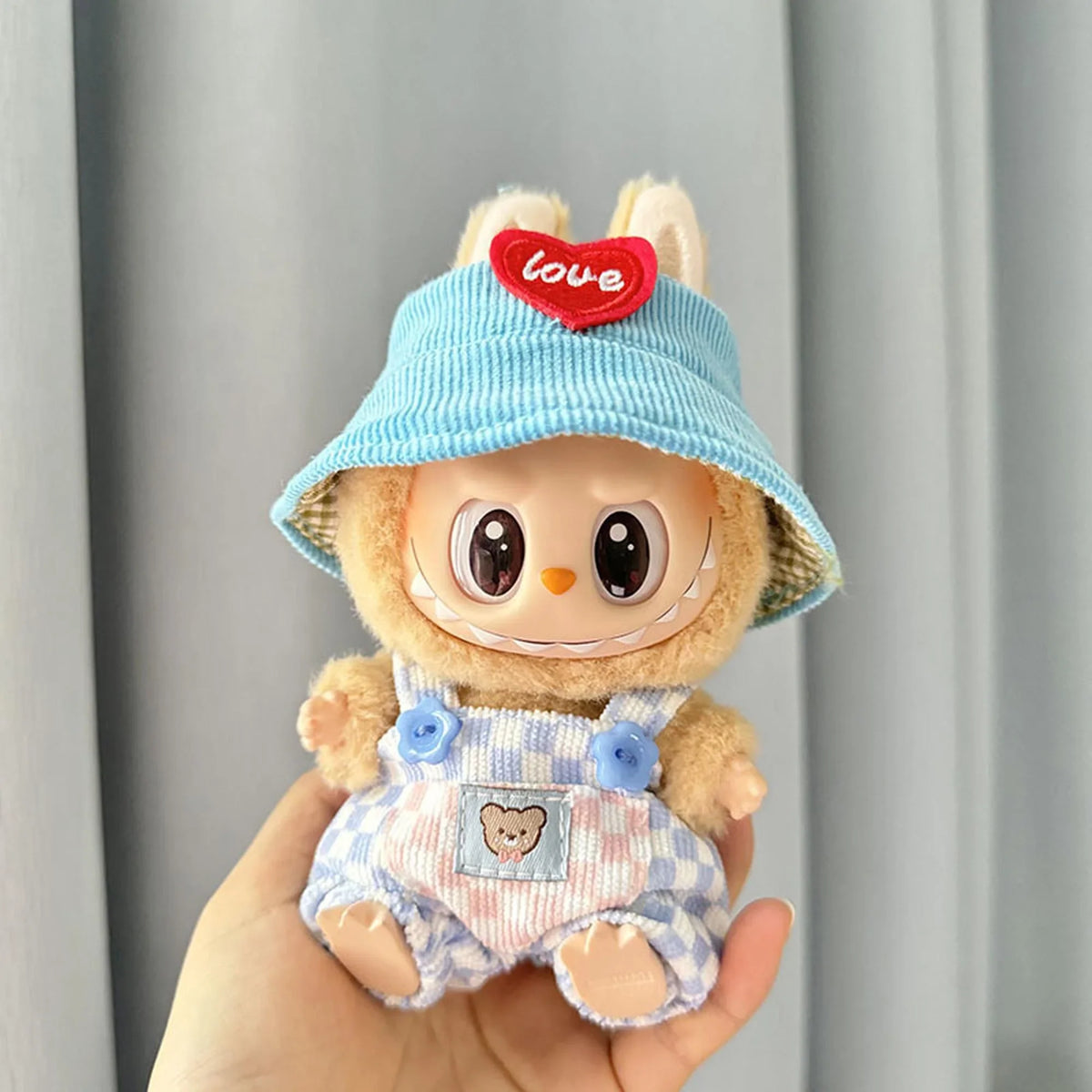 Blue And White Checkered Overalls + Red Heart Blue Hat