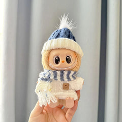 Blue Knit Hat + Blue & White Striped Scarf + White Smiley Pin Sweater