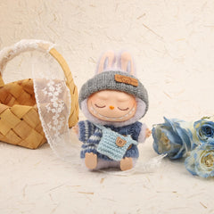 Blue Striped Button Sweater + Gray Turn-Up Hat + Blue Thread Bag