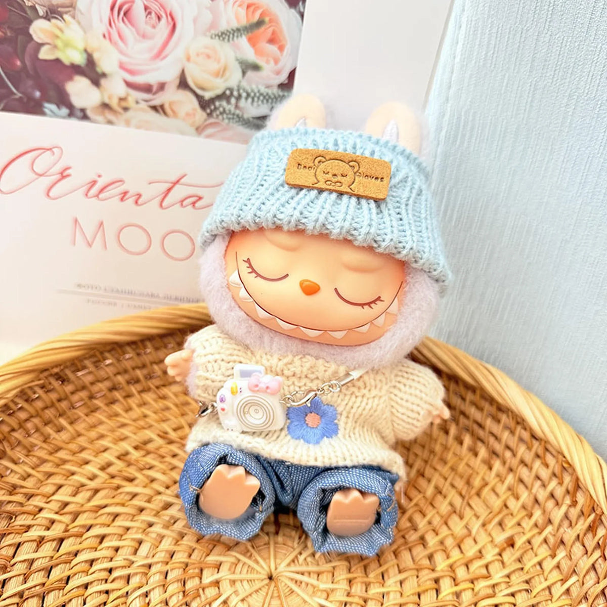 Blue Turn-Up Hat + Kd White Camera + Blue Turn-Up Jeans + Blue Six-Petal Flower Sweater