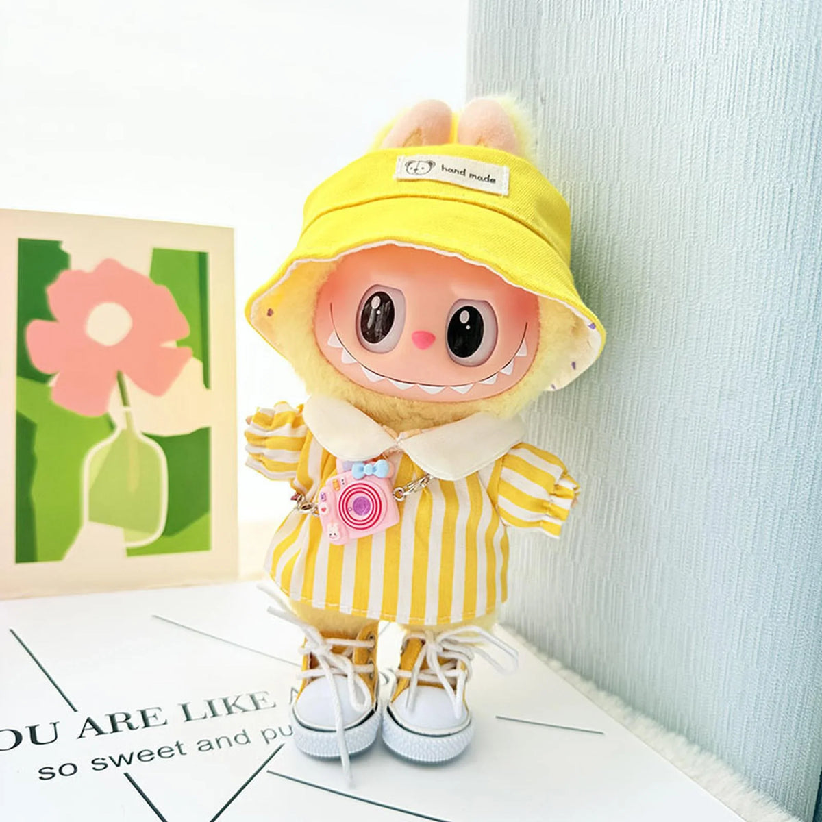 Bright Yellow Handmade Hat + Yellow Canvas Shoes + Spring Outing Yellow Striped Dress Set