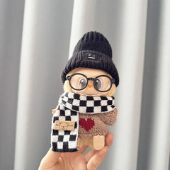 Brown Bear Love + Black Frame Glasses + Little Black Emoji Hat + Black And White Checkered Scarf