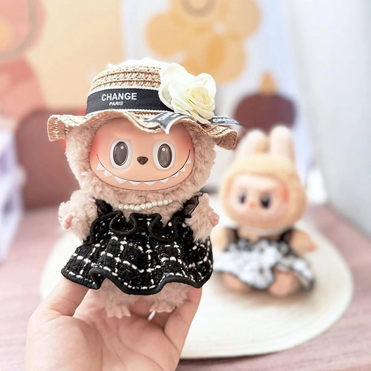 Brown Camellia Straw Hat + Pearl Necklace + Black Checkered Chic Pinafore Dress