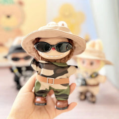 Brown Hat + Brown Square-Toe Shoes + Slim Sunglasses + Camo Jumpsuit
