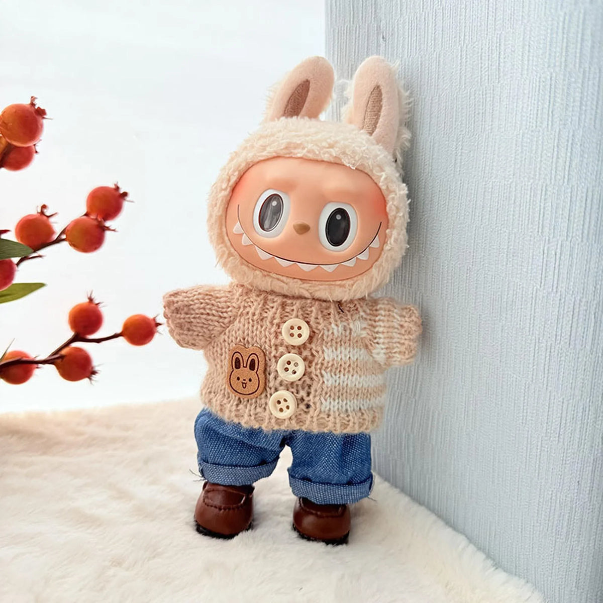 Brown Striped Button Sweater + Blue Jeans + Brown Square-Toe Shoes