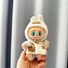 Brown Striped Button Sweater + White Flipped Bear Hat + Knit White B Bag