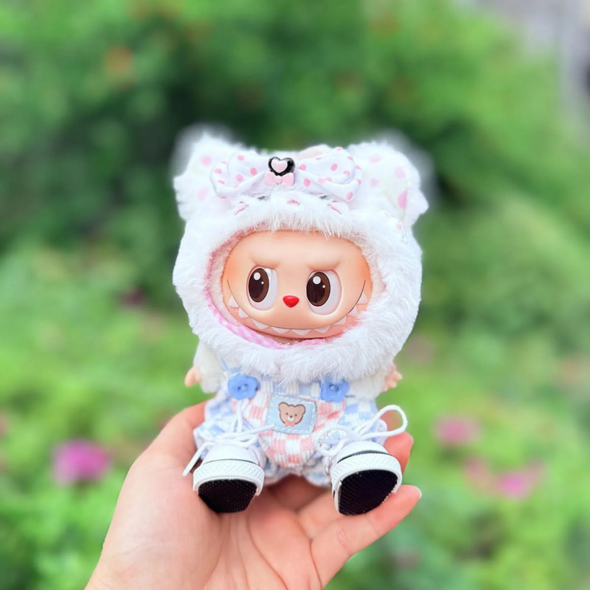 Cat Hat + Blue And White Checkered Overalls + White Canvas Shoes