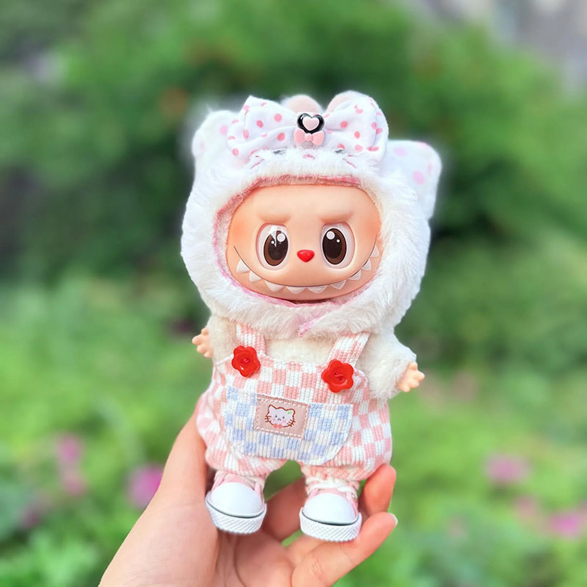 Cat Hat + Pink & White Gingham Overalls + Pink Canvas Shoes