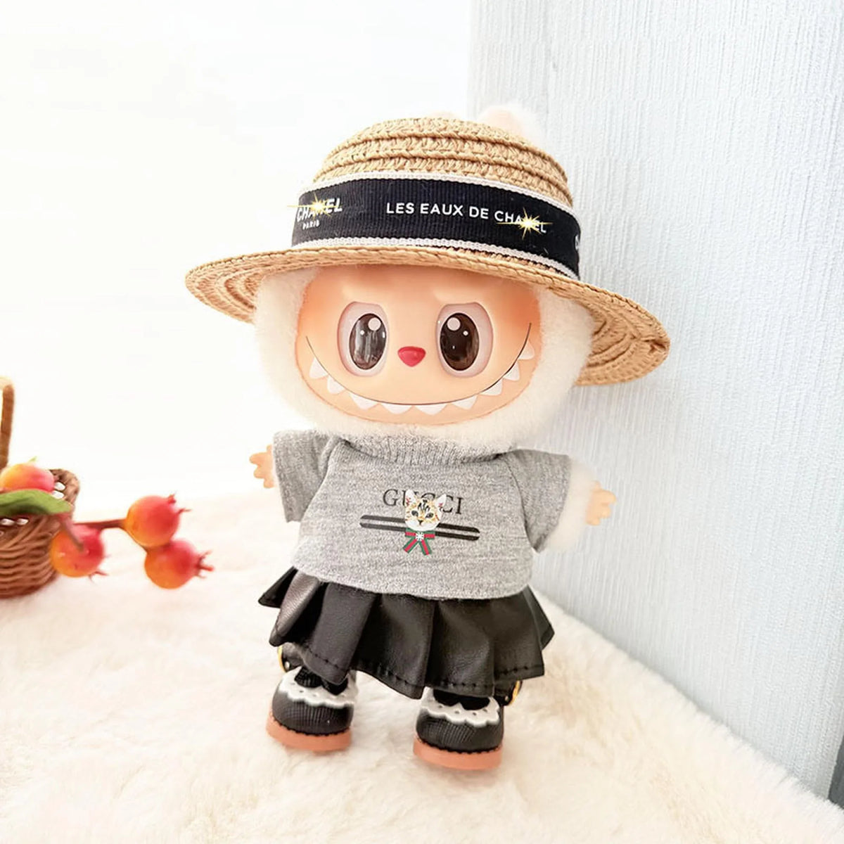 Cat T-Shirt + Leather Skirt + G Deep Brown Hat + Black Princess Shoes