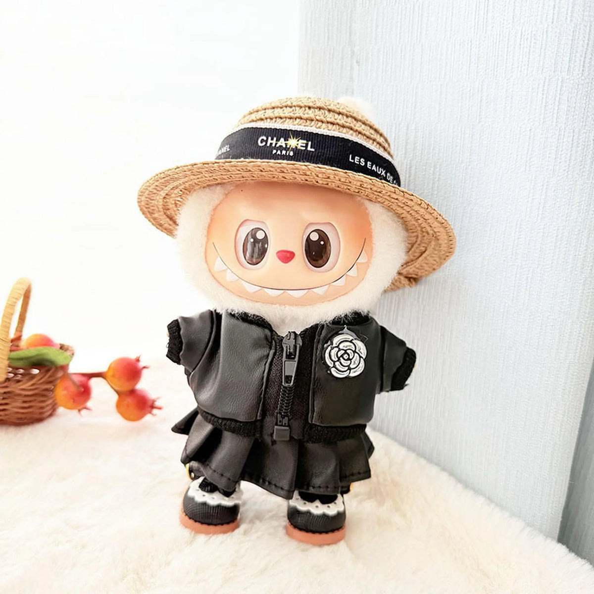 Chestnut Brown Hat + Camellia Leather Jacket + Leather Skirt + Black Mary Jane Shoes