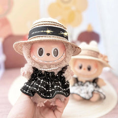Coffee Brown Hat + Pearl Necklace + Black Checkered Chanel-Style Pinafore Dress