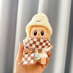 Coffee Check Scarf + White Emoji Beanie + White Smiley Pin Sweater