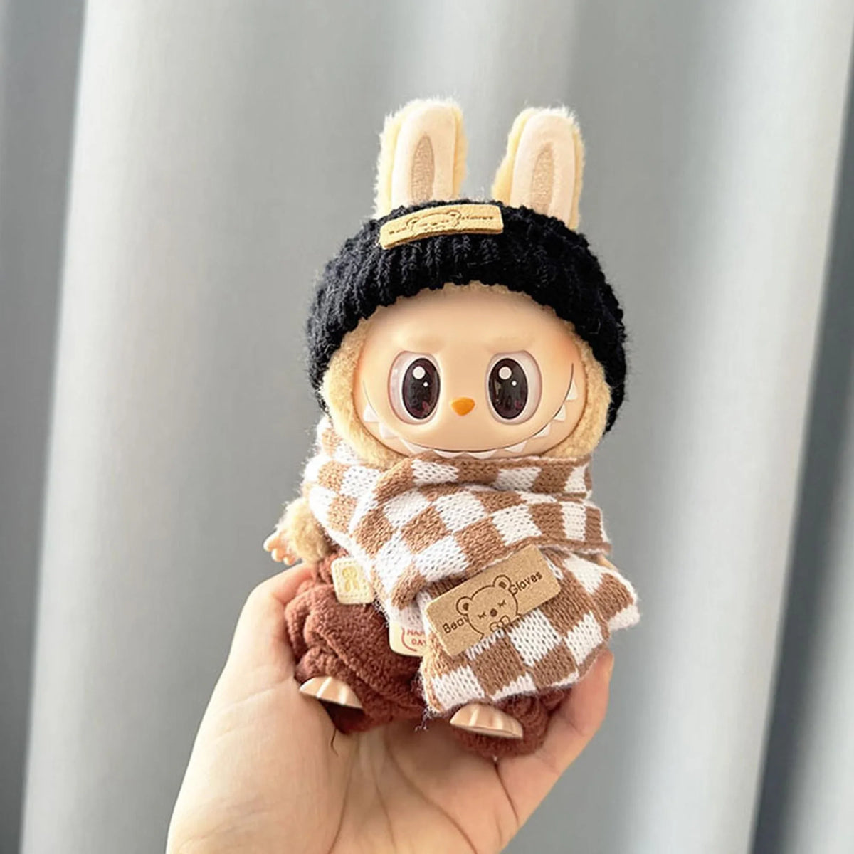Coffee Plaid Scarf + Random Coffee Overalls + Black Flipped-Brim Bear Logo Cap
