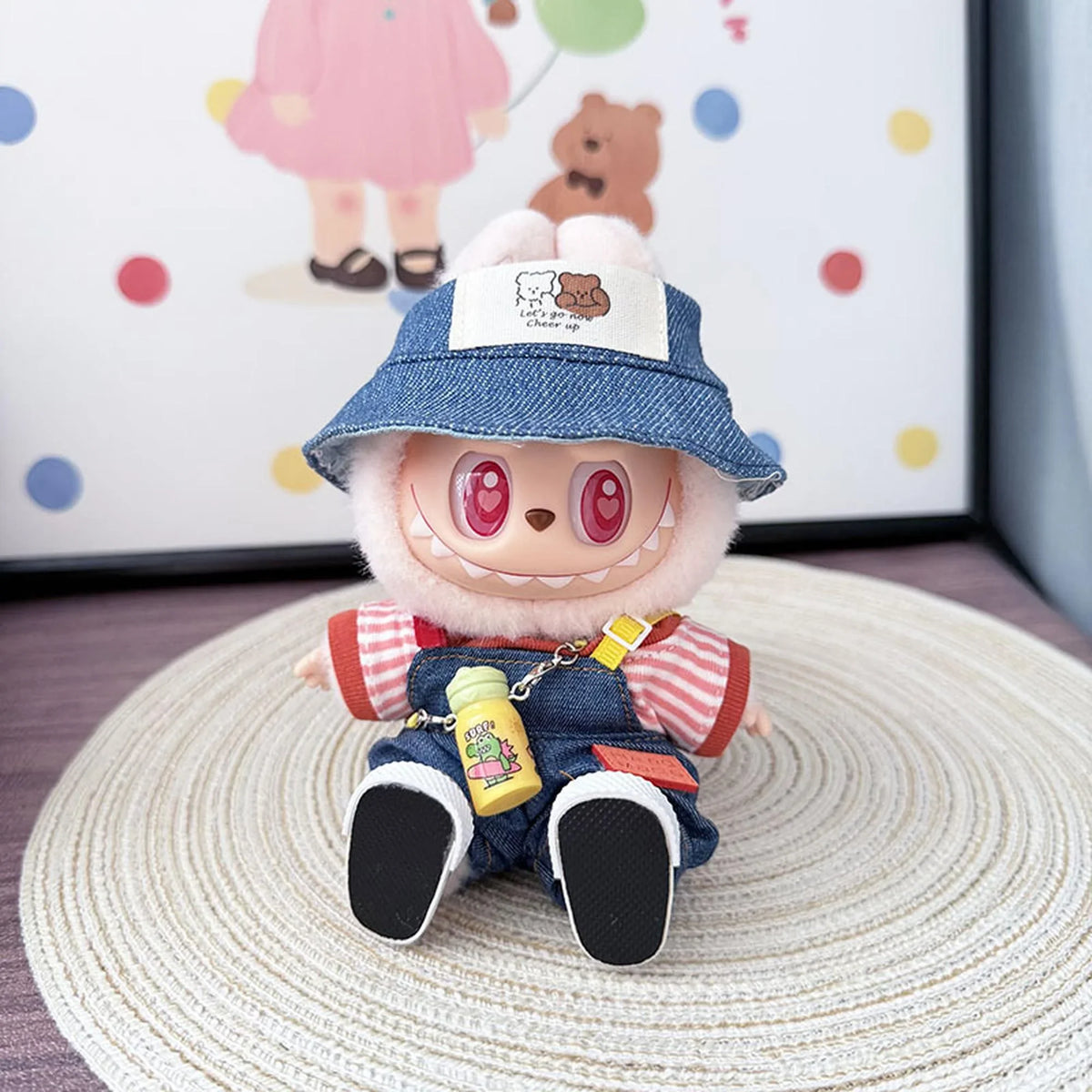 Couple Bear Hats + Colorful Suspenders Set Red + White Canvas Shoes + Yellow Water Bottle