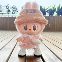 Fluffy Fur Hat + Oversized White Lace-Up Shoes + Pearl Cream Pink Dress Set