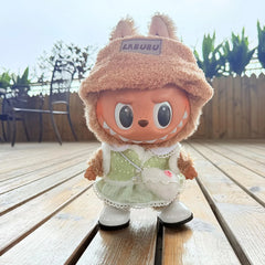 Fluffy Fur Hat + Velcro White Dress Shoes + Pearl Cream Green Dress Set