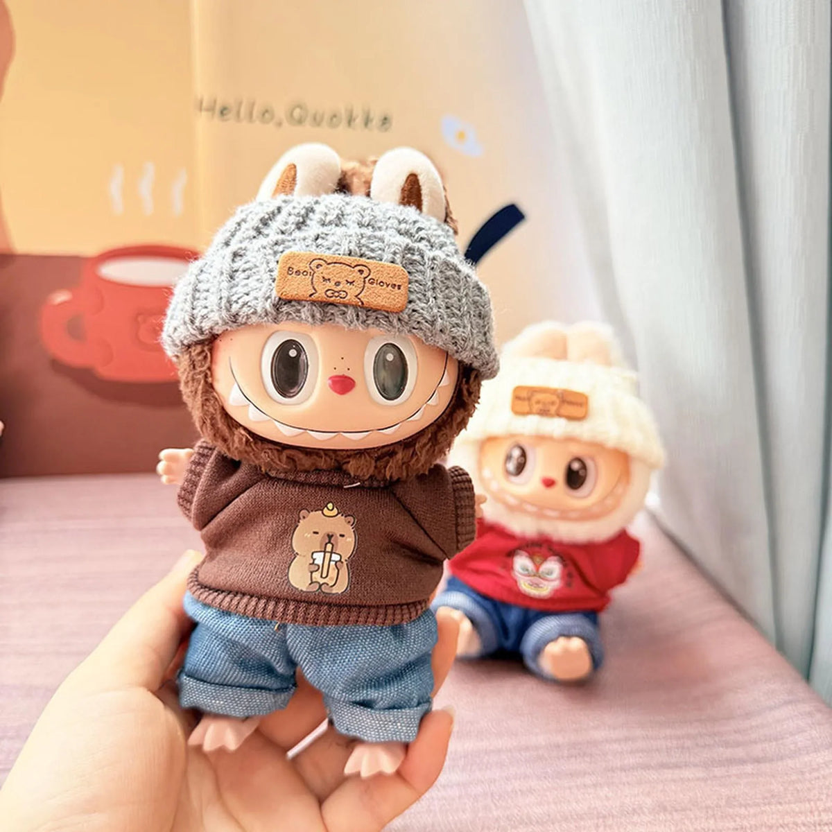 Gray Flipped-Brim Hat + Milk Tea-Drinking Bear Hoodie