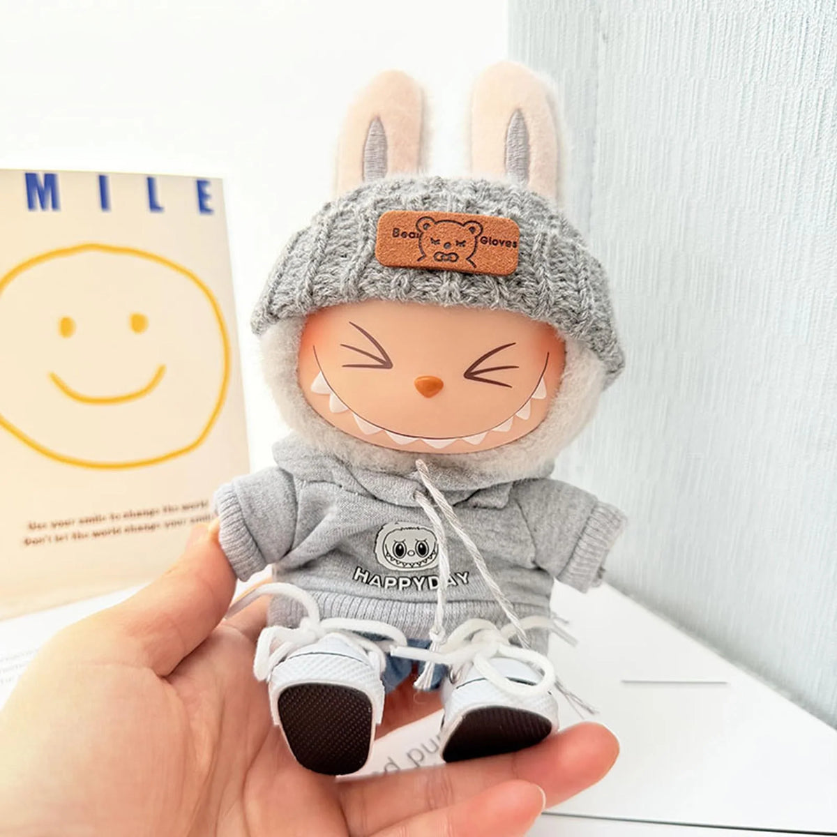 Gray Flipped Hat + Gray Hoodie Fabric Head + White Canvas Shoes