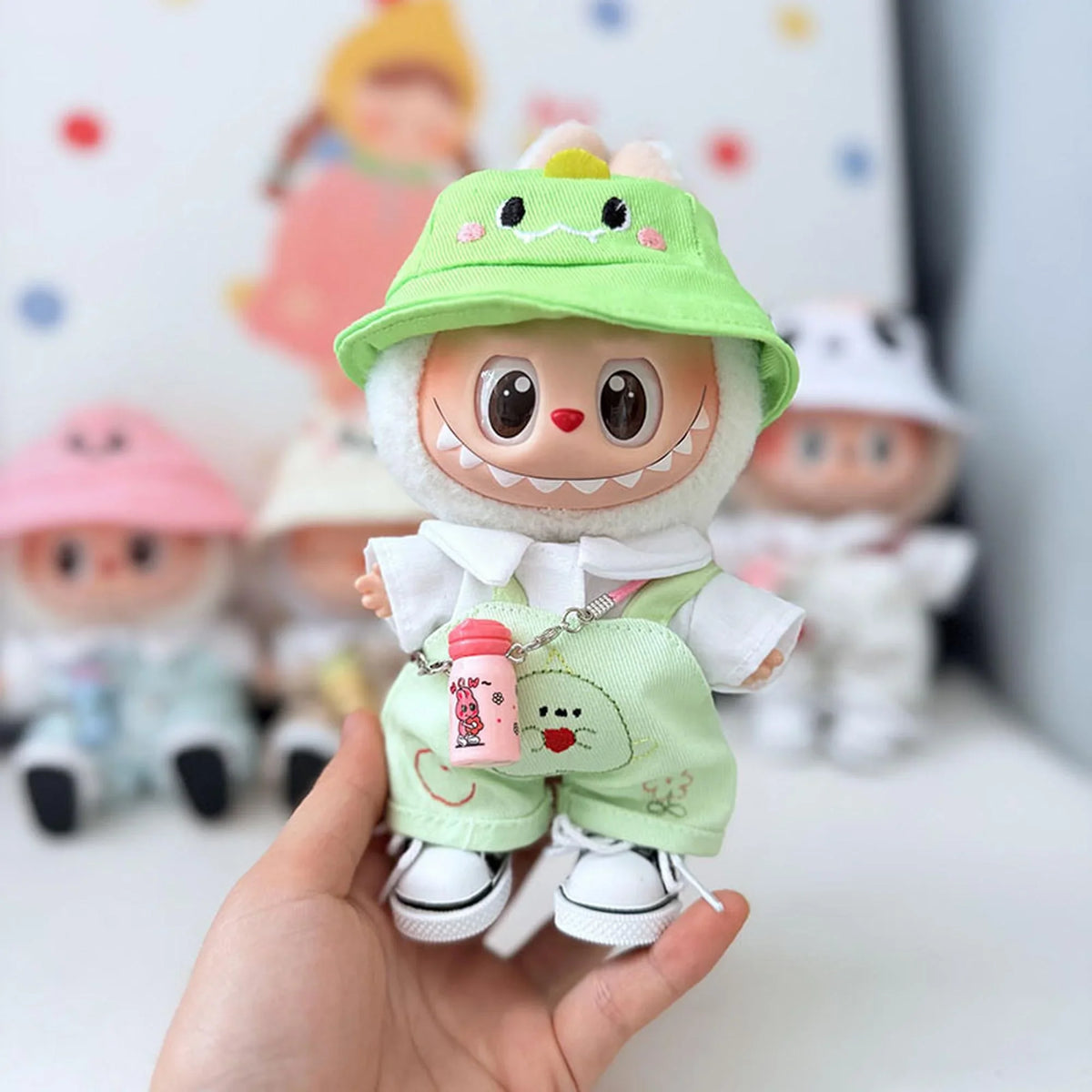 Green Apple Overalls Set + Green Dino Hat + Black Canvas Shoes + Pink Water Bottle